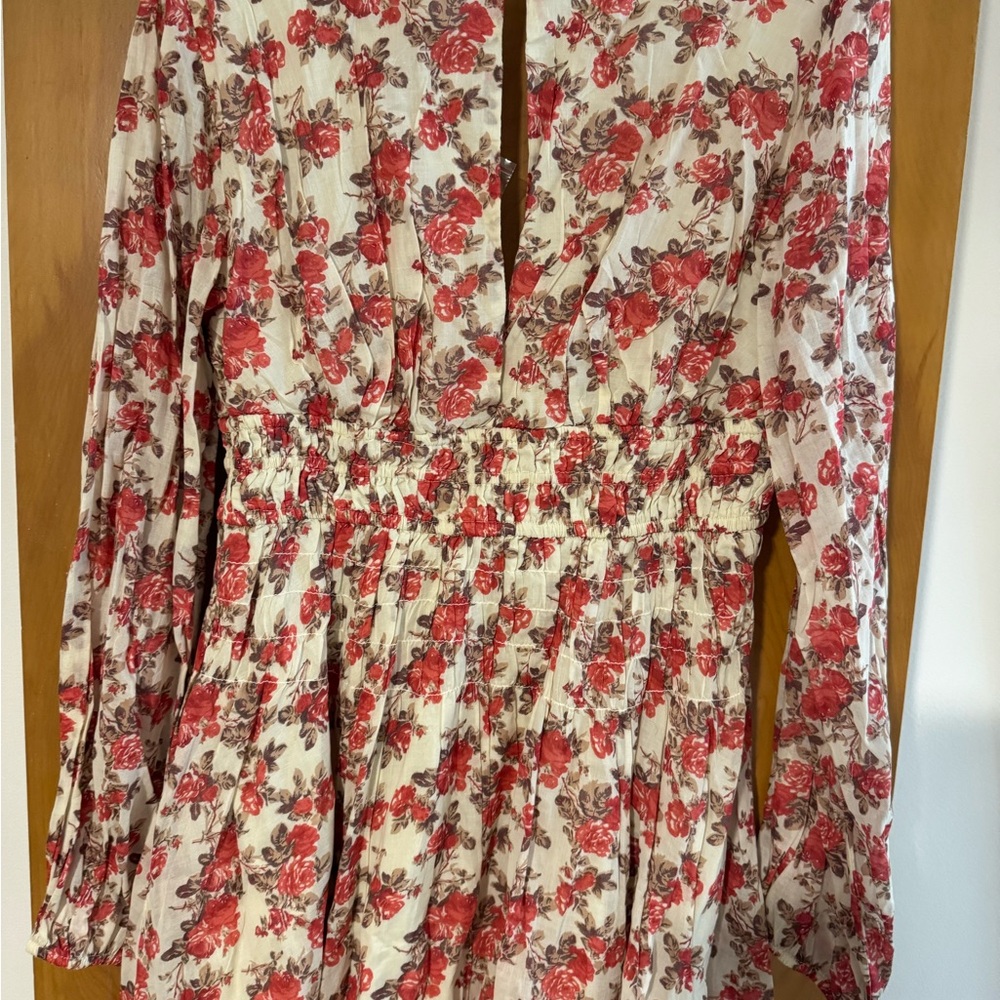 Free People Floral Long Sleeve Dress - Red and Cream - Picture 2 of 4